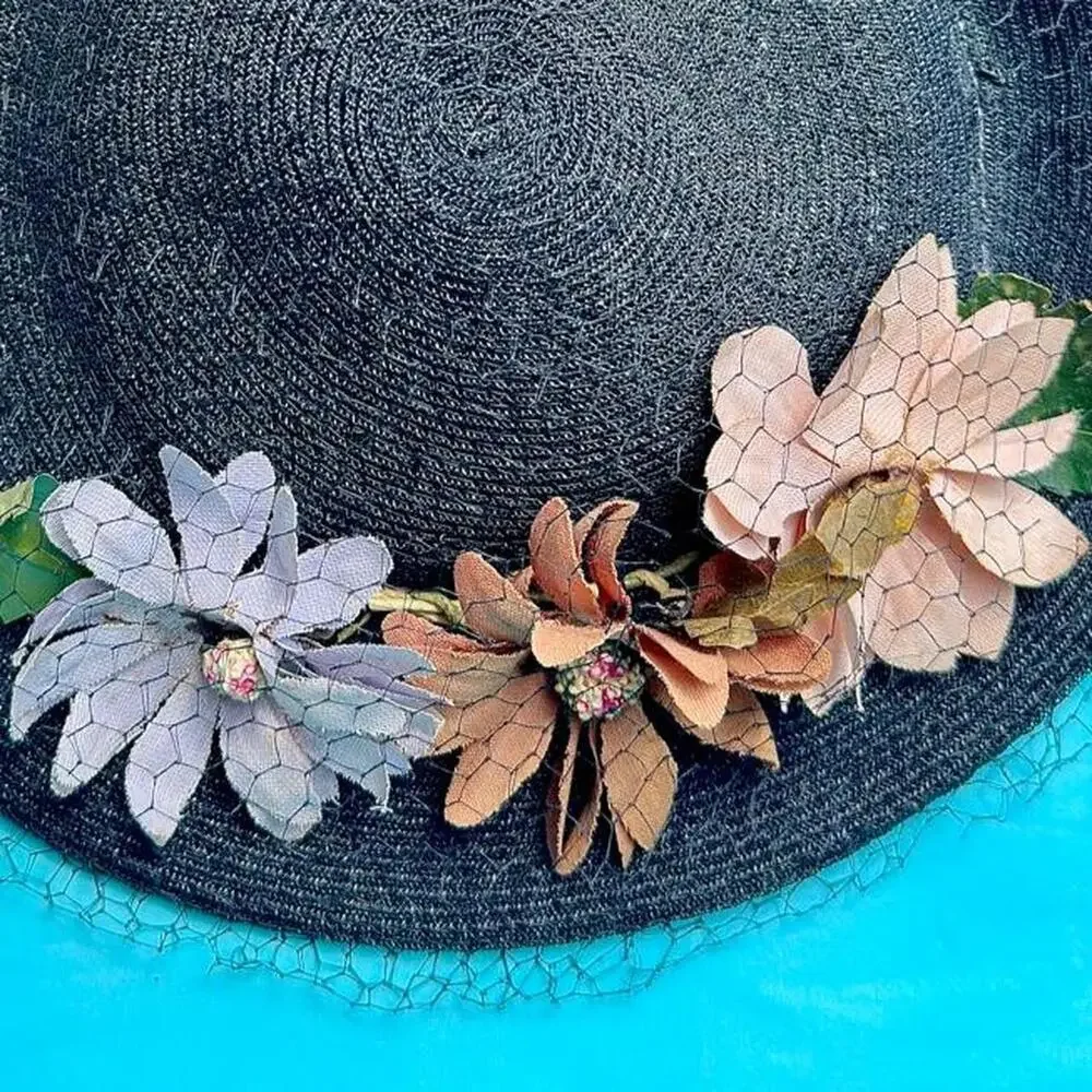 40s black straw cartwheel tilt hat w/ lavender & orange fabric daisies & veil